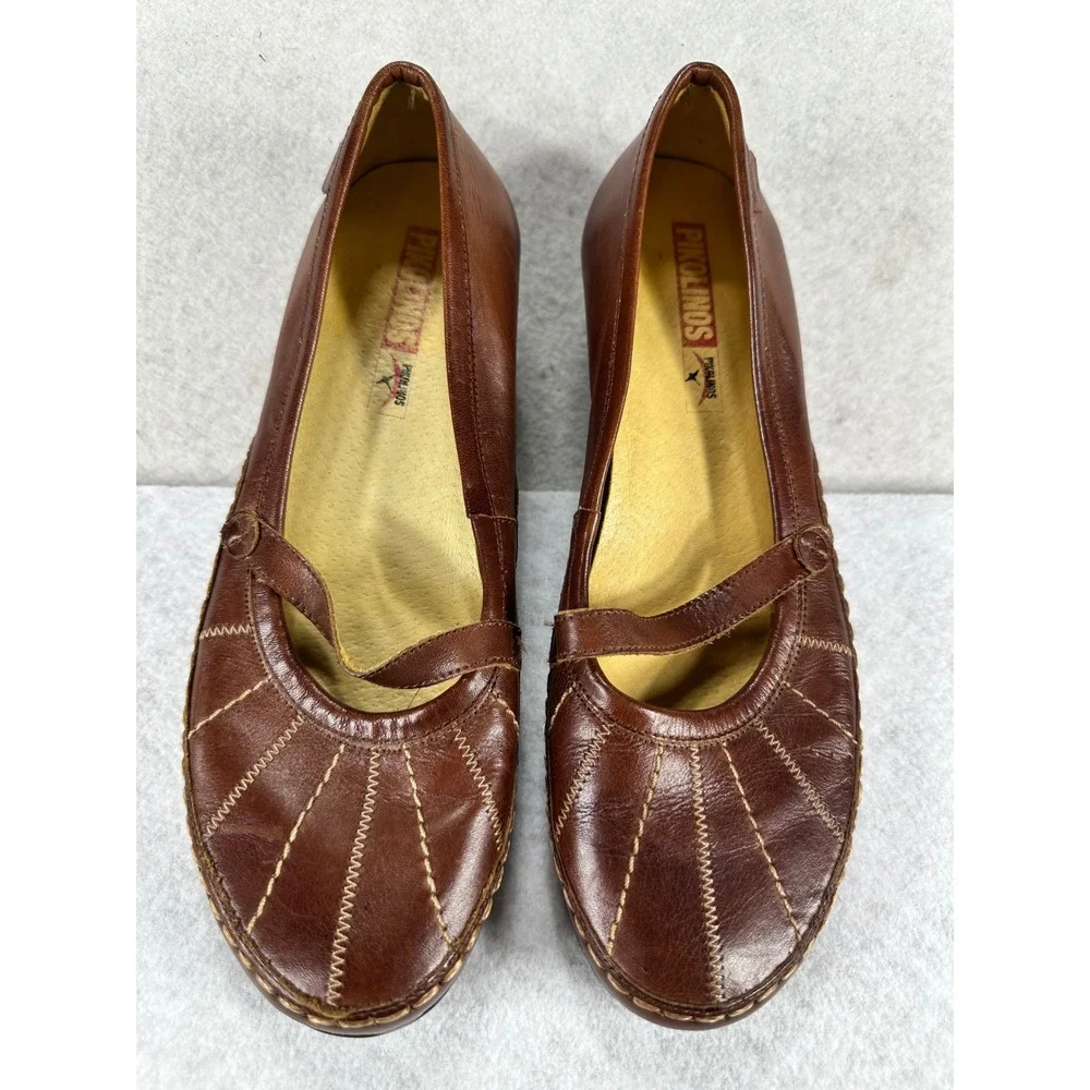 Pikolinos Brown Leather Mary Jane Wedge Pumps Contrast Stitch Shoes Womens 38